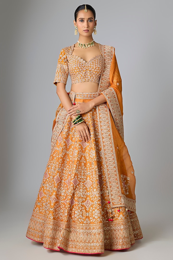 Rust Dupion Silk Marori & Gota Work Bridal Lehenga Set by SURBHI SHAH at Pernia's Pop Up Shop