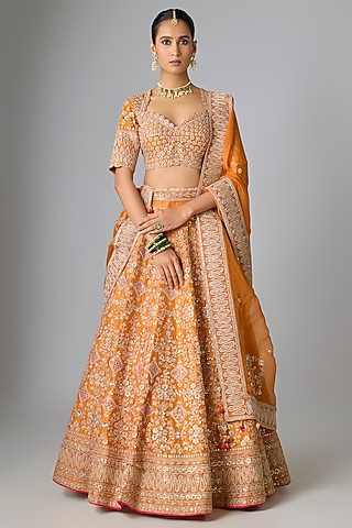 Rust Dupion Silk Marori & Gota Work Lehenga Set by SURBHI SHAH