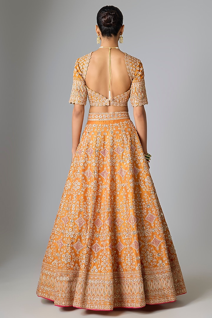 Rust Dupion Silk Marori & Gota Work Bridal Lehenga Set by SURBHI SHAH at Pernia's Pop Up Shop