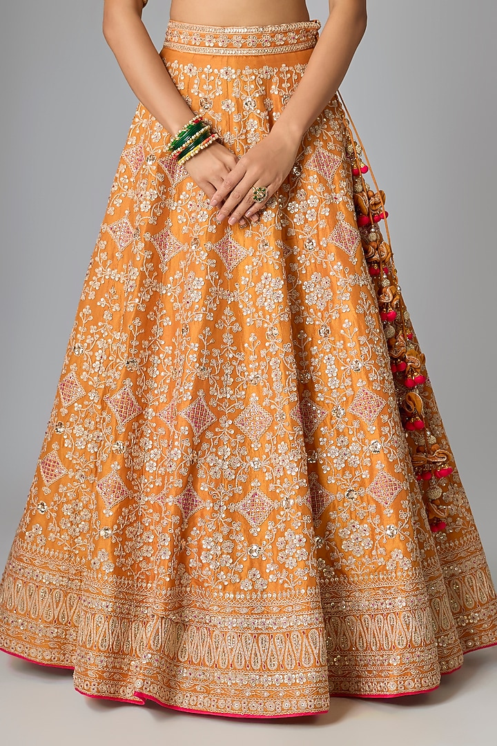 Rust Dupion Silk Marori & Gota Work Bridal Lehenga Set by SURBHI SHAH at Pernia's Pop Up Shop