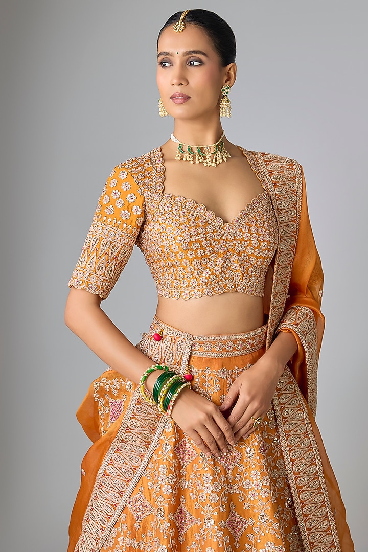 Rust Dupion Silk Marori & Gota Work Bridal Lehenga Set by SURBHI SHAH at Pernia's Pop Up Shop