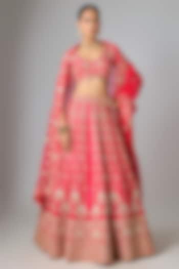 Red Dupion Silk Marori & Sequin Work Bridal Lehenga Set by SURBHI SHAH at Pernia's Pop Up Shop