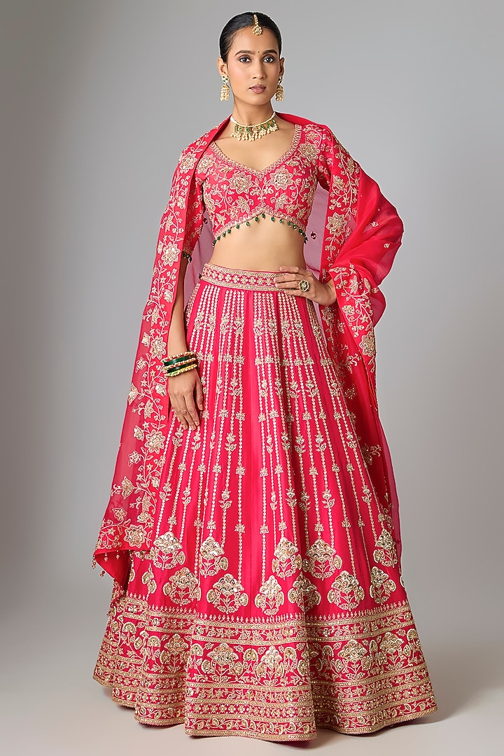 Red Dupion Silk Marori & Sequin Work Bridal Lehenga Set by SURBHI SHAH at Pernia's Pop Up Shop