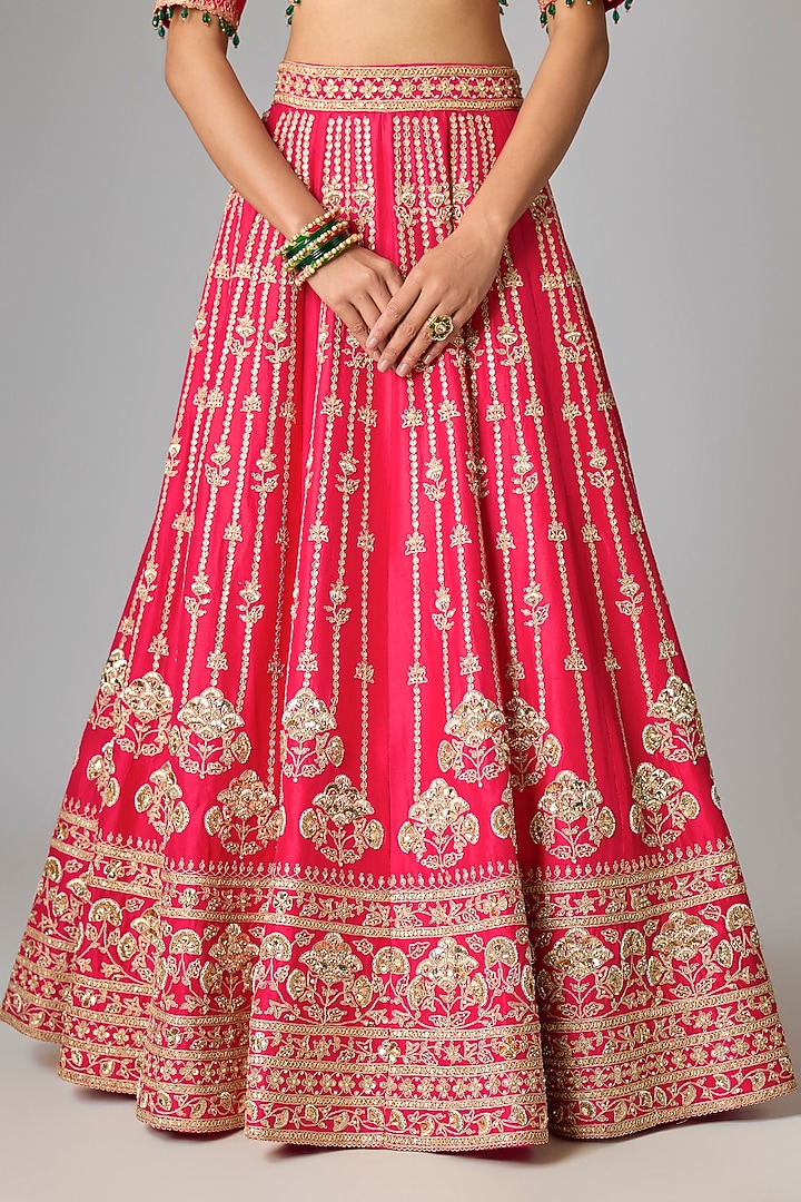 Red Dupion Silk Marori & Sequin Work Bridal Lehenga Set by SURBHI SHAH at Pernia's Pop Up Shop