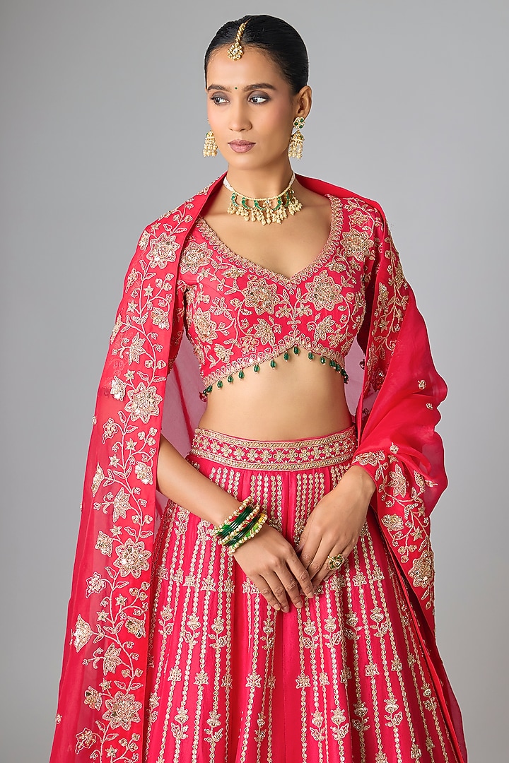 Red Dupion Silk Marori & Sequin Work Bridal Lehenga Set by SURBHI SHAH at Pernia's Pop Up Shop