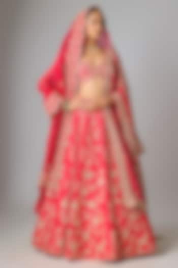 Deep Red Dupion Silk Marori Work Bridal Lehenga Set by SURBHI SHAH at Pernia's Pop Up Shop
