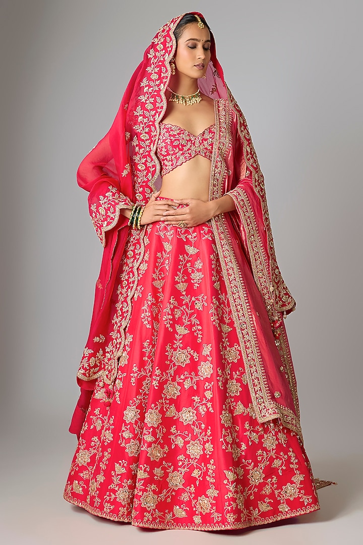 Deep Red Dupion Silk Marori Work Bridal Lehenga Set by SURBHI SHAH at Pernia's Pop Up Shop