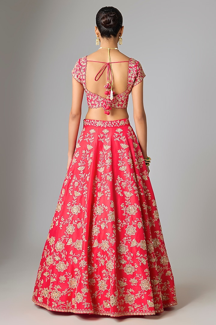 Deep Red Dupion Silk Marori Work Bridal Lehenga Set by SURBHI SHAH at Pernia's Pop Up Shop