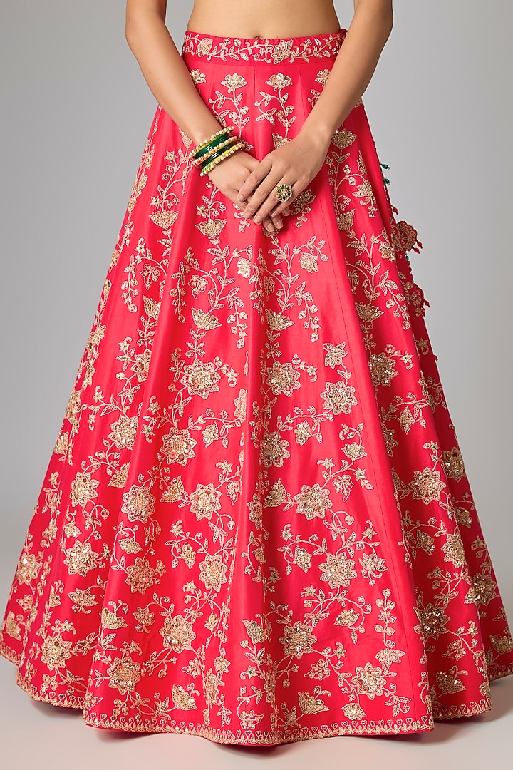 Deep Red Dupion Silk Marori Work Bridal Lehenga Set by SURBHI SHAH at Pernia's Pop Up Shop