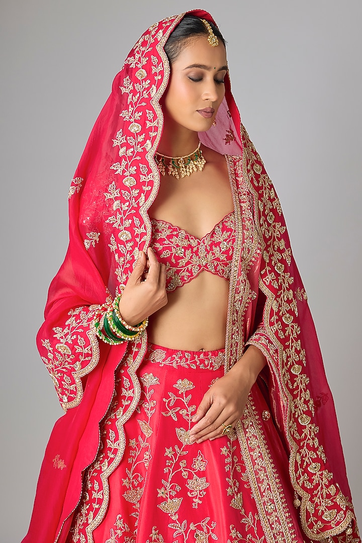 Deep Red Dupion Silk Marori Work Bridal Lehenga Set by SURBHI SHAH at Pernia's Pop Up Shop