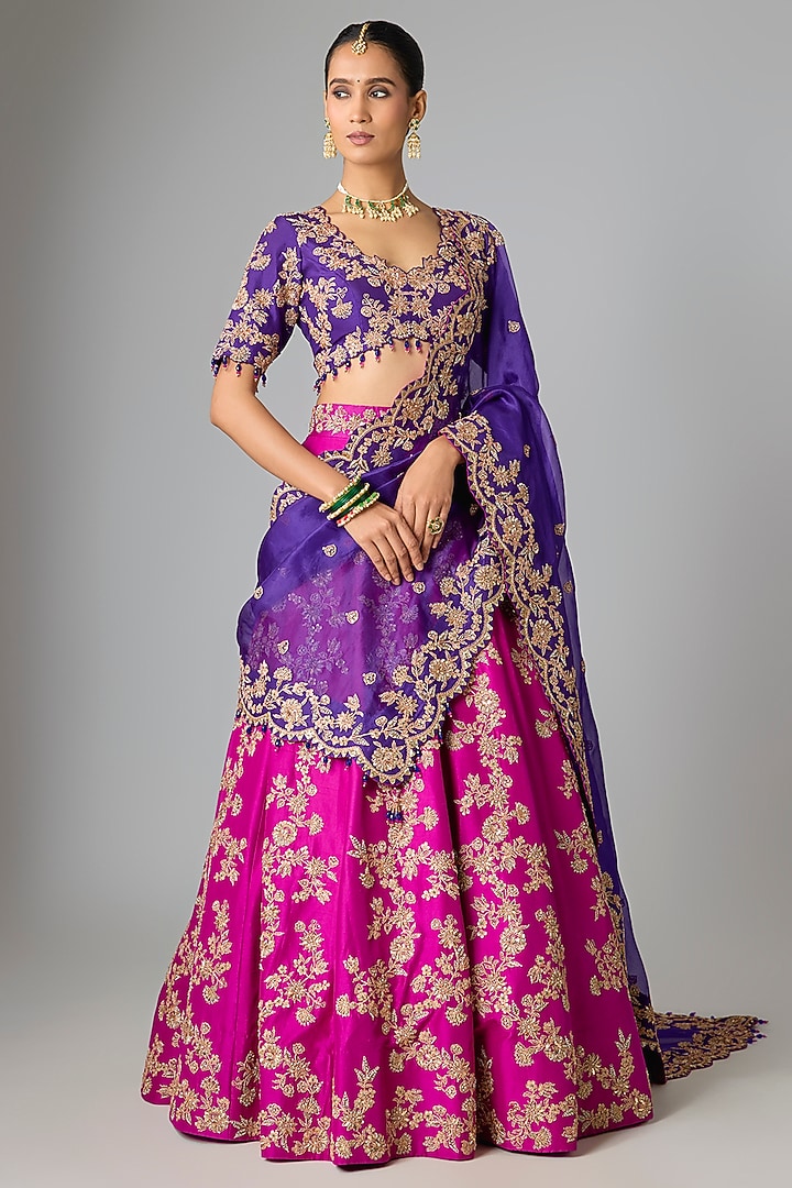 Magenta Dupion Silk Marori Work Bridal Lehenga Set by SURBHI SHAH at Pernia's Pop Up Shop