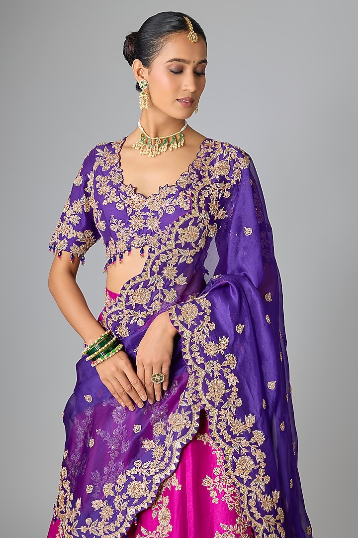 Magenta Dupion Silk Marori Work Bridal Lehenga Set by SURBHI SHAH at Pernia's Pop Up Shop