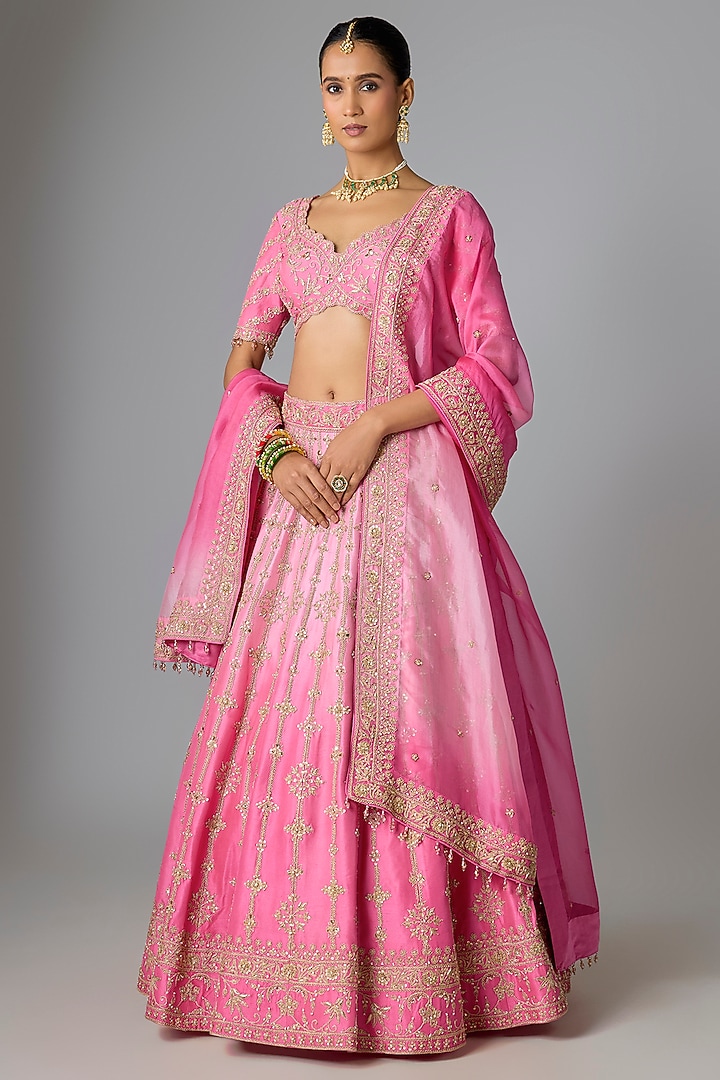 Blush Pink Dupion Silk Marori & Mukaish Work Bridal Lehenga Set by SURBHI SHAH at Pernia's Pop Up Shop