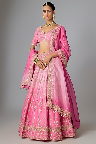 Blush Pink Dupion Silk Marori & Mukaish Work Lehenga Set by SURBHI SHAH