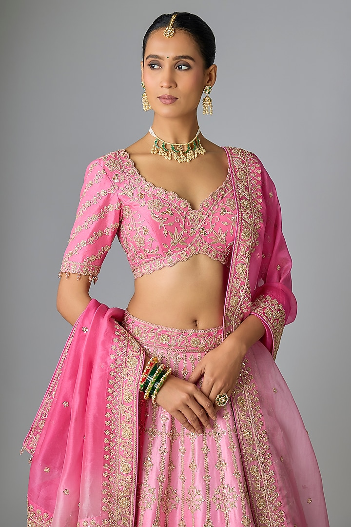 Blush Pink Dupion Silk Marori & Mukaish Work Bridal Lehenga Set by SURBHI SHAH at Pernia's Pop Up Shop