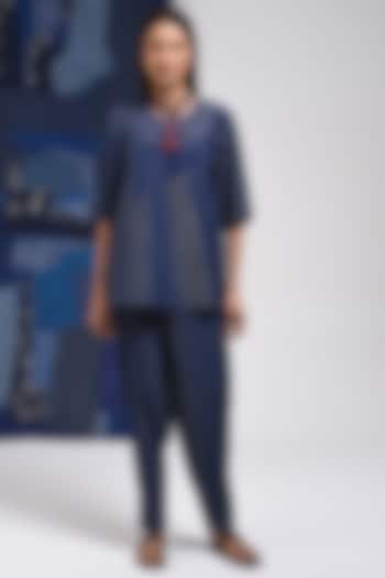 Blue Cotton Pintuck Pants by Sunita Shanker at Pernia's Pop Up Shop
