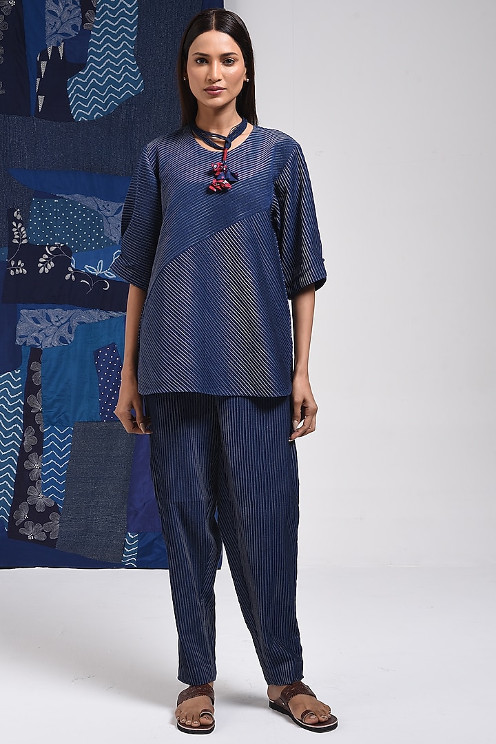 Blue Cotton Pintuck Pants by Sunita Shanker at Pernia's Pop Up Shop