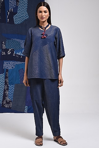 Blue Cotton Pintuck Pants by Sunita Shanker