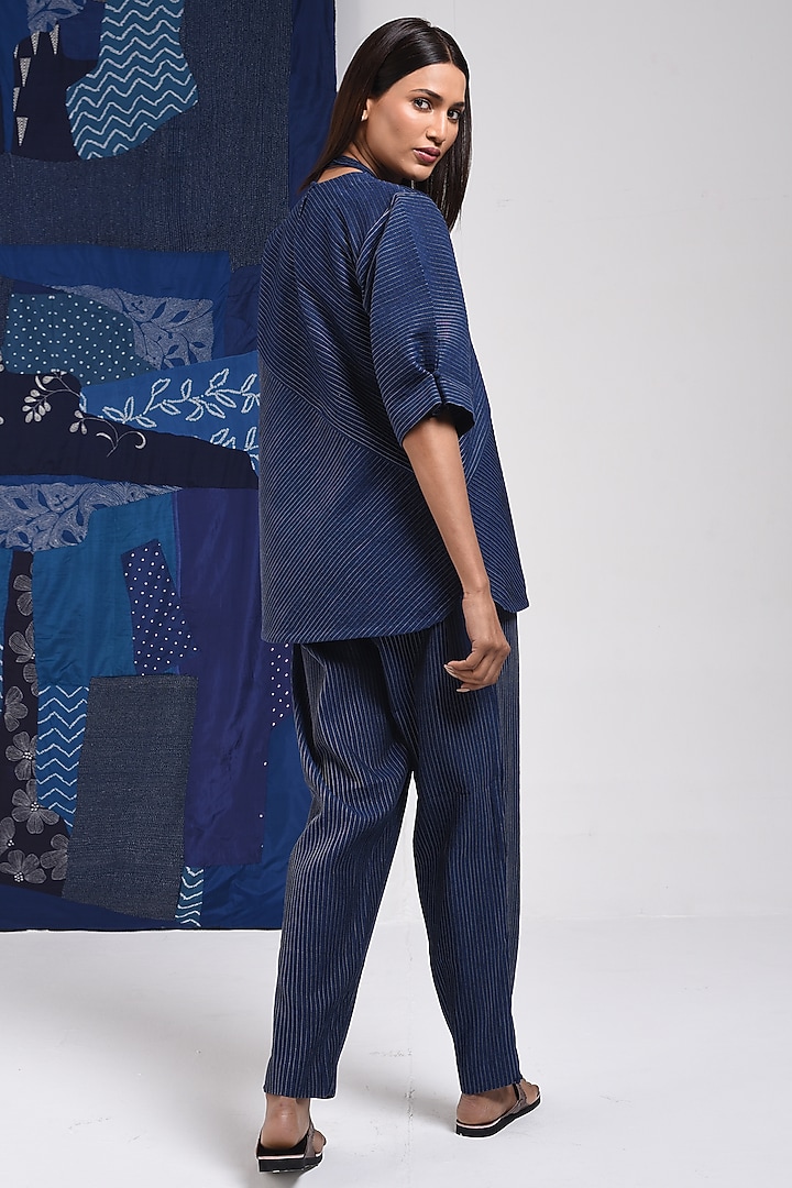 Blue Cotton Pintuck Pants by Sunita Shanker at Pernia's Pop Up Shop