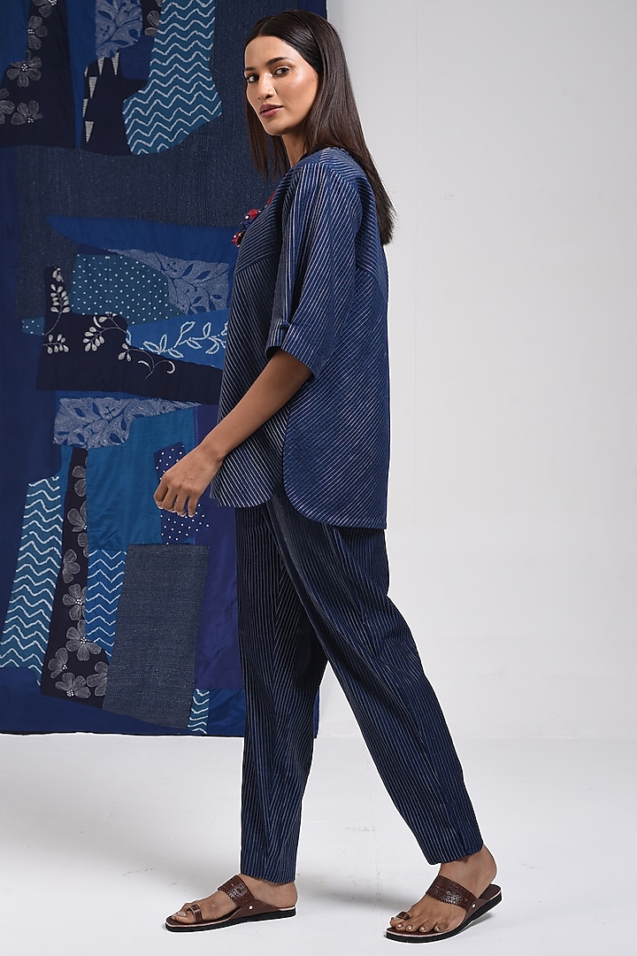 Blue Cotton Pintuck Pants by Sunita Shanker at Pernia's Pop Up Shop