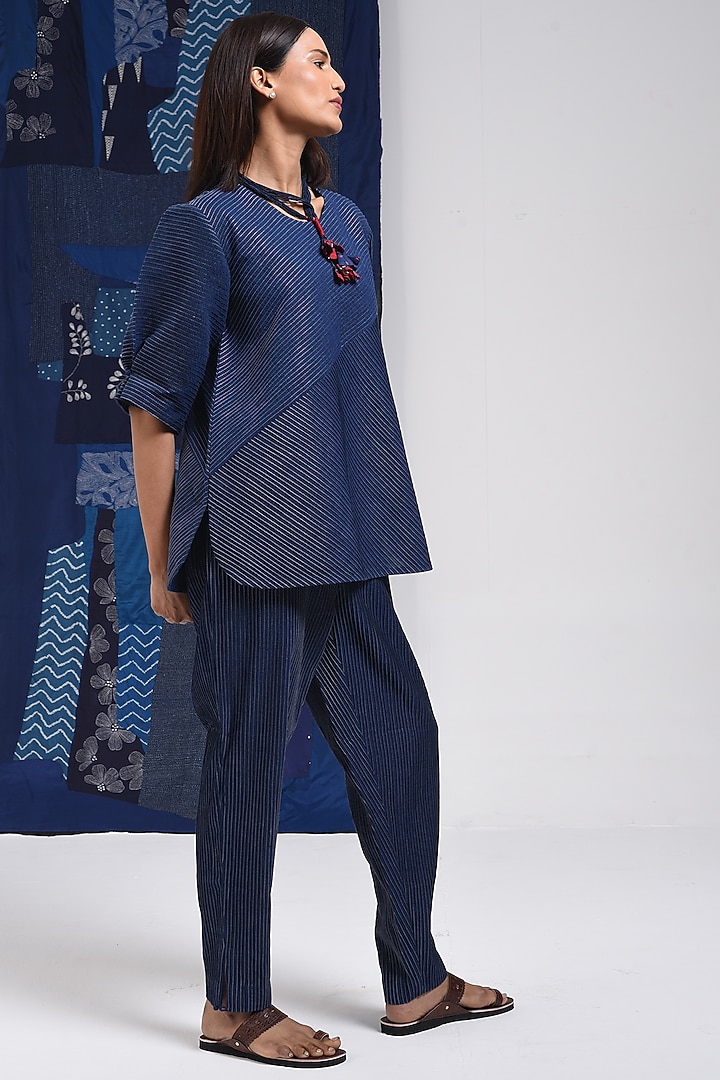 Blue Cotton Pintuck Pants by Sunita Shanker at Pernia's Pop Up Shop