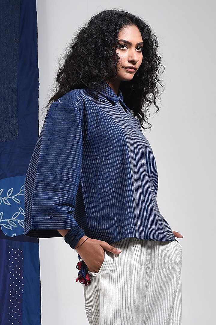 Blue Cotton Cropped Shirt by Sunita Shanker at Pernia's Pop Up Shop