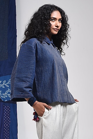 Blue Cotton Cropped Shirt by Sunita Shanker