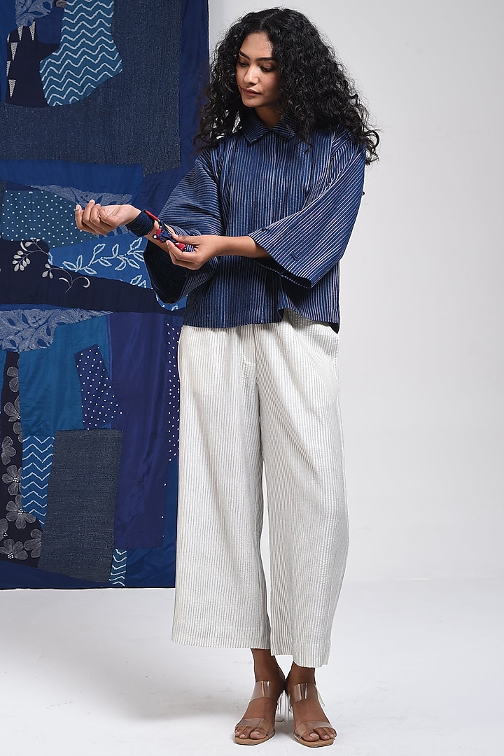 Blue Cotton Cropped Shirt by Sunita Shanker at Pernia's Pop Up Shop