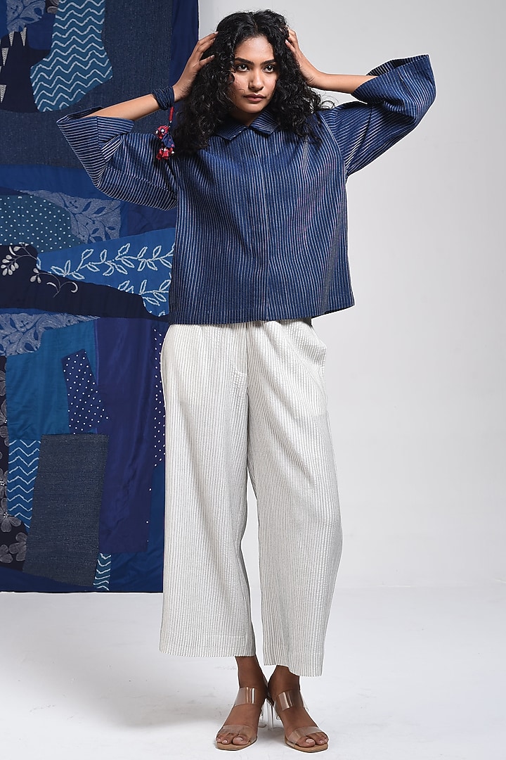 Blue Cotton Cropped Shirt by Sunita Shanker at Pernia's Pop Up Shop