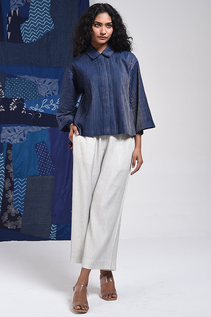 Blue Cotton Cropped Shirt by Sunita Shanker at Pernia's Pop Up Shop