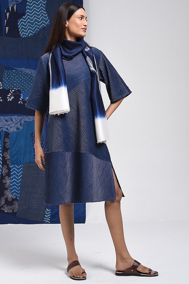 Blue Cotton Pintuck Shift Vacation Dress by Sunita Shanker at Pernia's Pop Up Shop