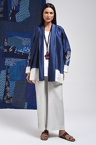 Blue & Ivory Silk Cotton Blend Tie-Dye Printed Overlay by Sunita Shanker