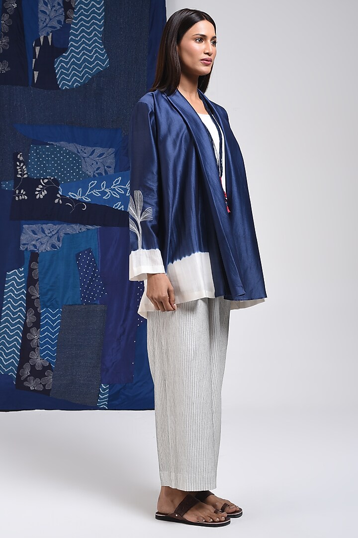Blue & Ivory Silk Cotton Blend Tie-Dye Printed Overlay by Sunita Shanker at Pernia's Pop Up Shop