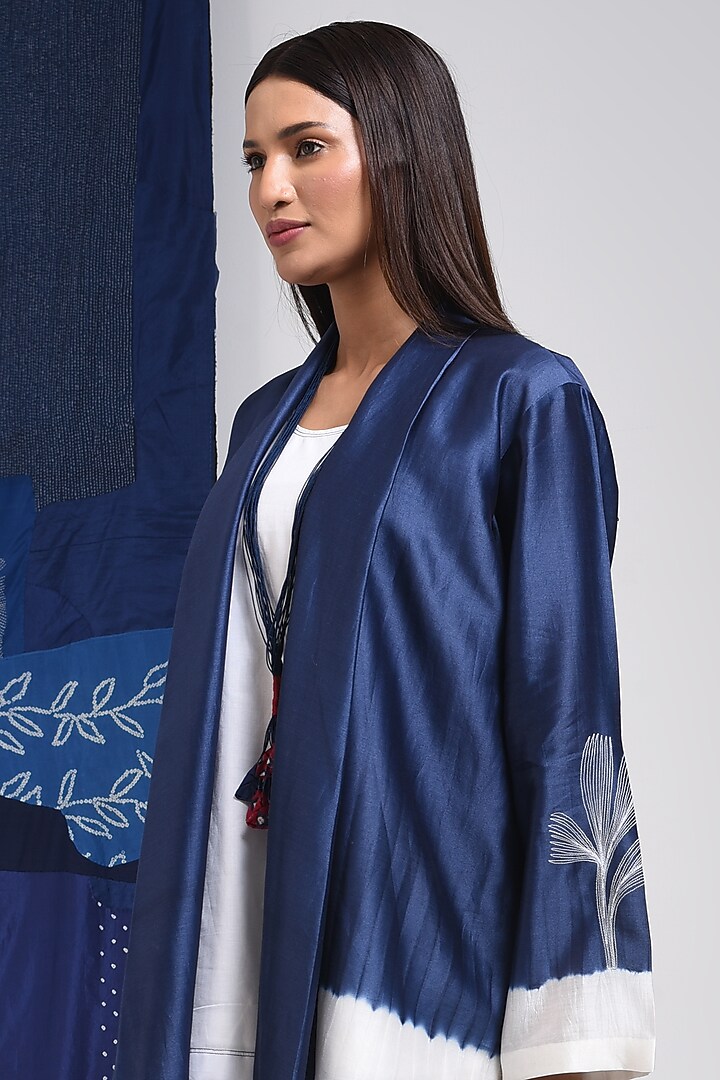Blue & Ivory Silk Cotton Blend Tie-Dye Printed Overlay by Sunita Shanker at Pernia's Pop Up Shop