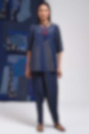 Blue Cotton Pintuck Top by Sunita Shanker at Pernia's Pop Up Shop