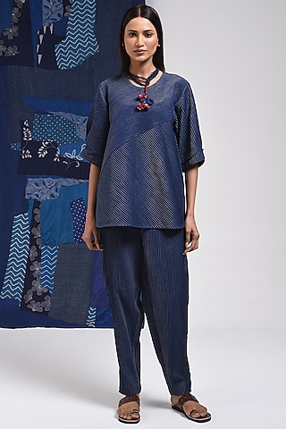 Blue Cotton Pintuck Top by Sunita Shanker