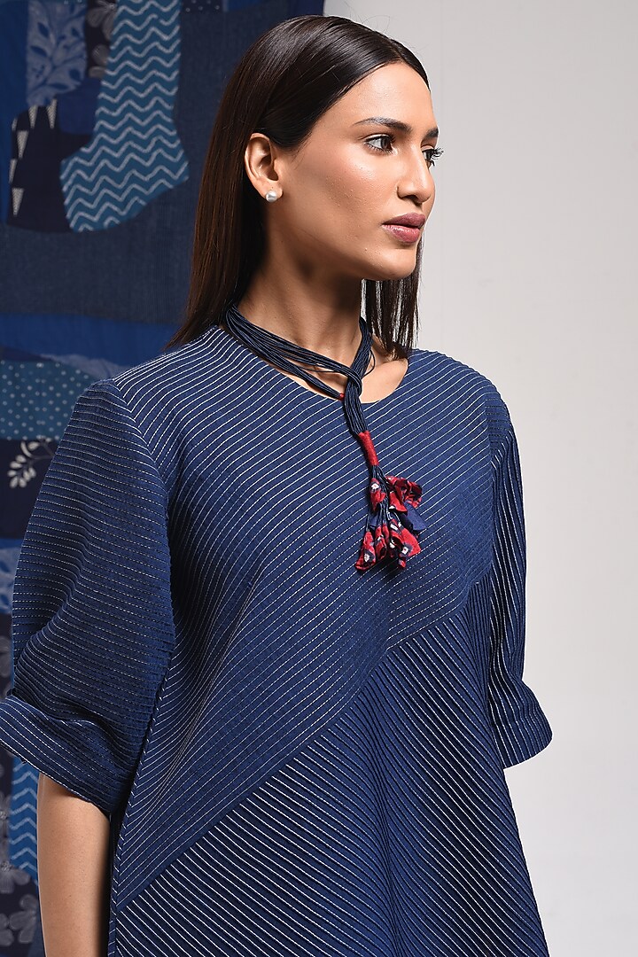 Blue Cotton Pintuck Top by Sunita Shanker at Pernia's Pop Up Shop