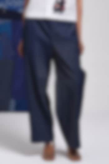 Blue Cotton Straight Pants by Sunita Shanker at Pernia's Pop Up Shop