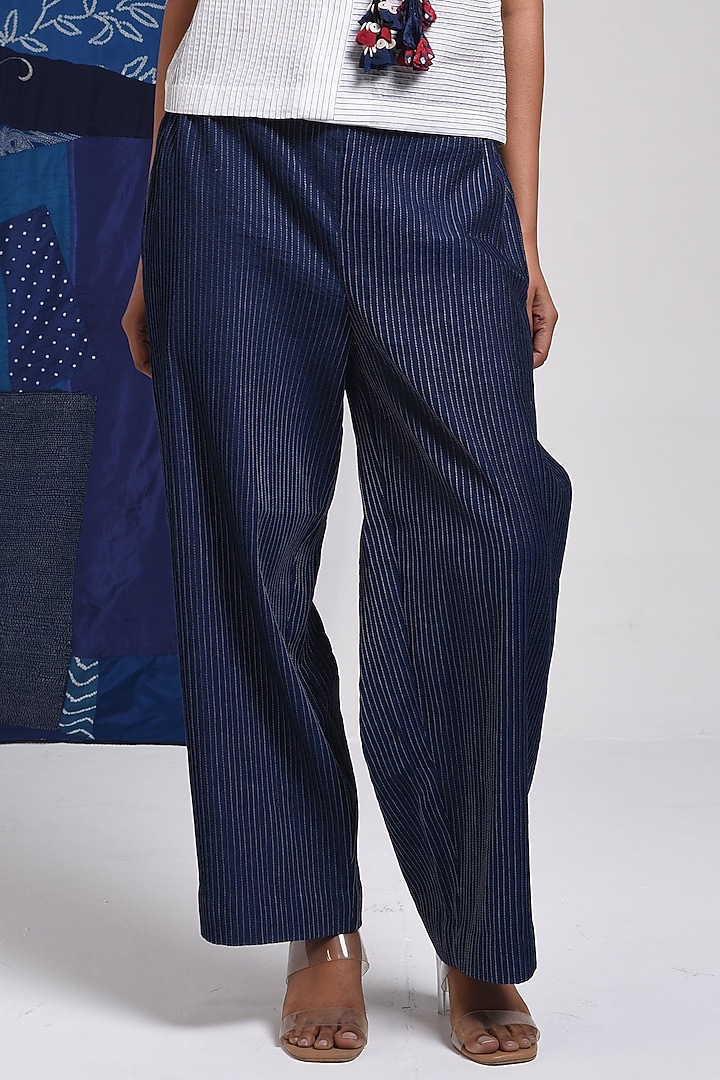 Blue Cotton Straight Pants by Sunita Shanker at Pernia's Pop Up Shop