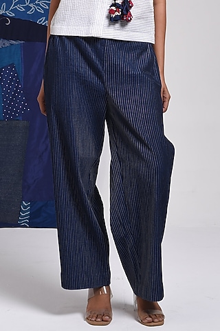 Blue Cotton Straight Pants by Sunita Shanker