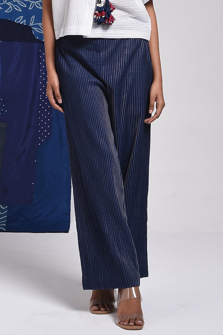 Blue Cotton Straight Pants by Sunita Shanker at Pernia's Pop Up Shop