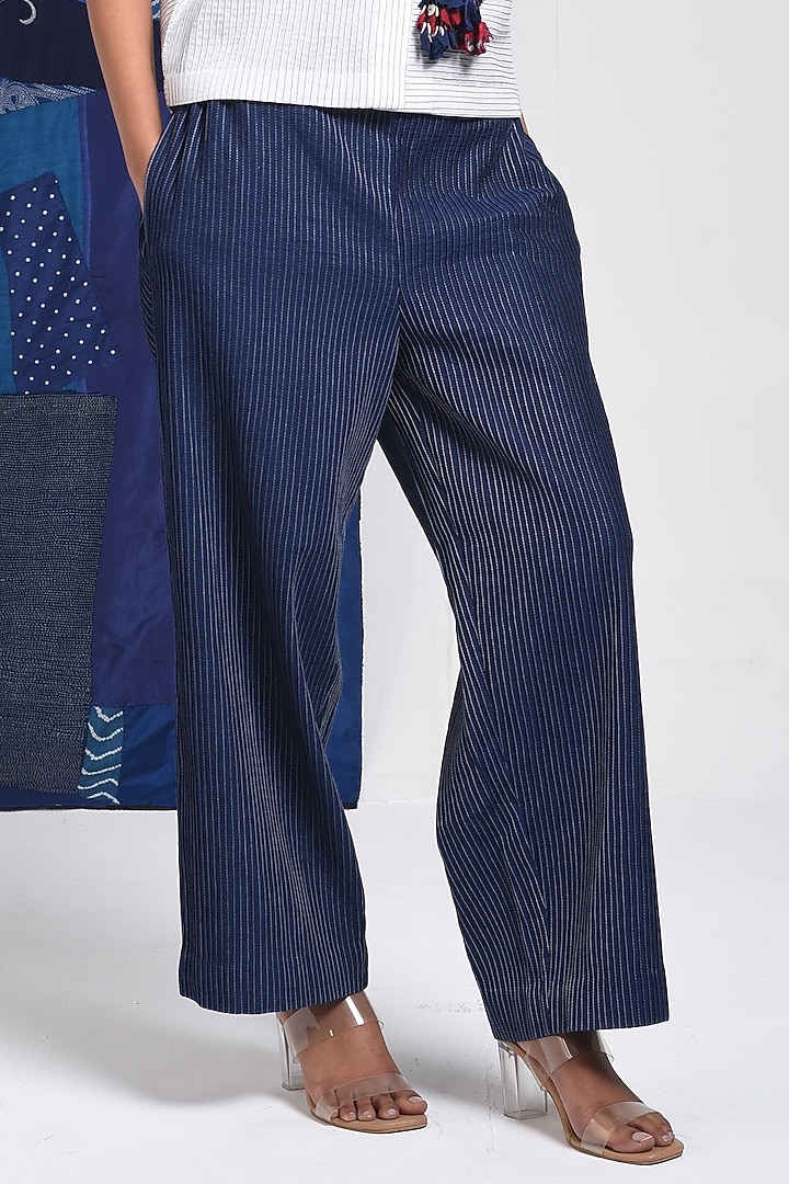 Blue Cotton Straight Pants by Sunita Shanker at Pernia's Pop Up Shop