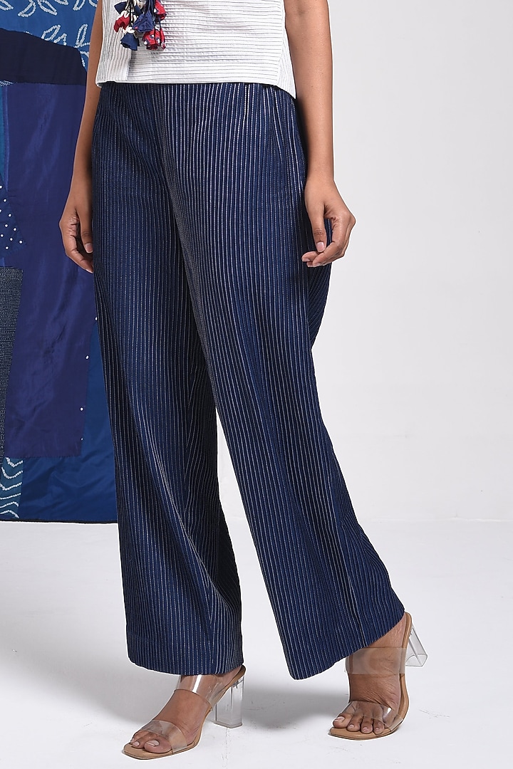 Blue Cotton Straight Pants by Sunita Shanker at Pernia's Pop Up Shop
