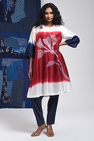 Red Silk Cotton Blend Tie-Dye Printed Tunic by Sunita Shanker