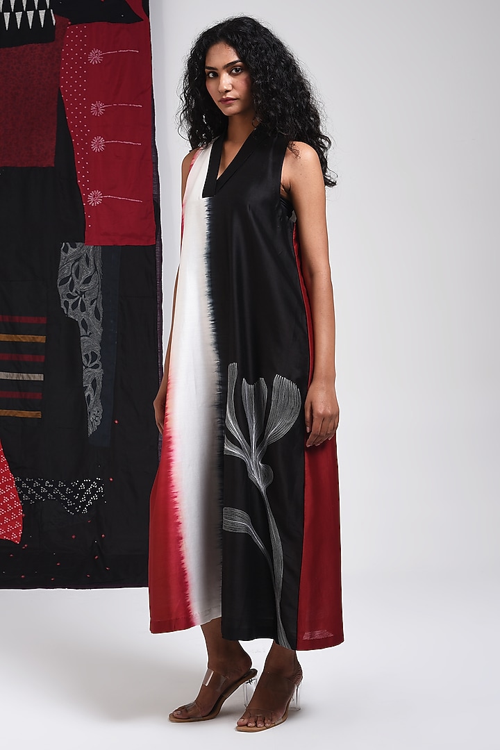 Black Silk Cotton Blend Tie-Dye Printed Vacation Dress by Sunita Shanker at Pernia's Pop Up Shop