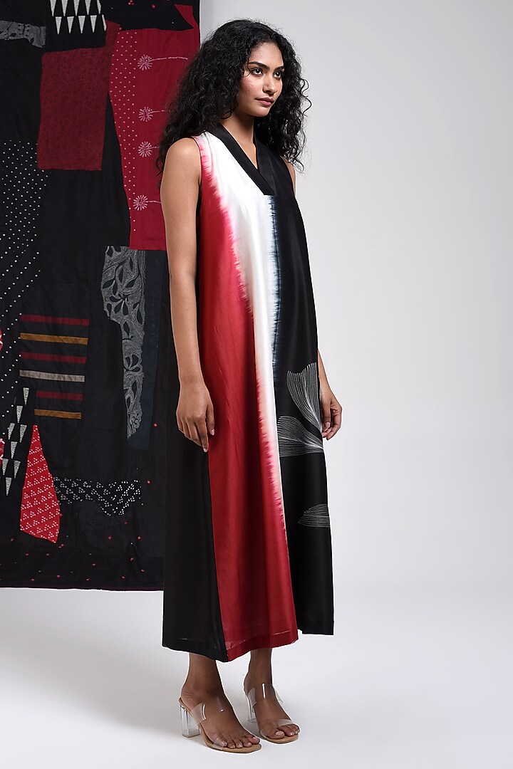 Black Silk Cotton Blend Tie-Dye Printed Vacation Dress by Sunita Shanker at Pernia's Pop Up Shop