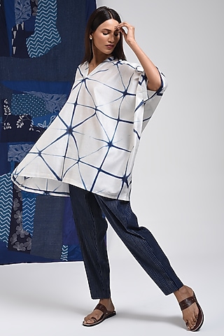 Blue & Ivory Silk Cotton Blend Tie-Dye Printed Tunic by Sunita Shanker