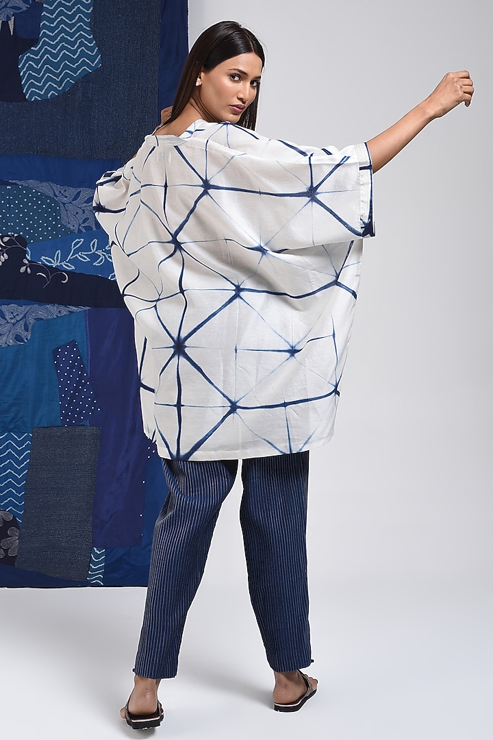 Blue & Ivory Silk Cotton Blend Tie-Dye Printed Tunic by Sunita Shanker at Pernia's Pop Up Shop