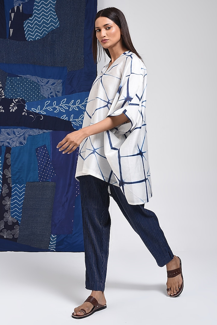 Blue & Ivory Silk Cotton Blend Tie-Dye Printed Tunic by Sunita Shanker at Pernia's Pop Up Shop