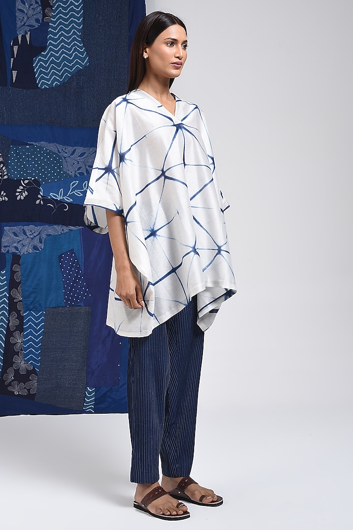 Blue & Ivory Silk Cotton Blend Tie-Dye Printed Tunic by Sunita Shanker at Pernia's Pop Up Shop